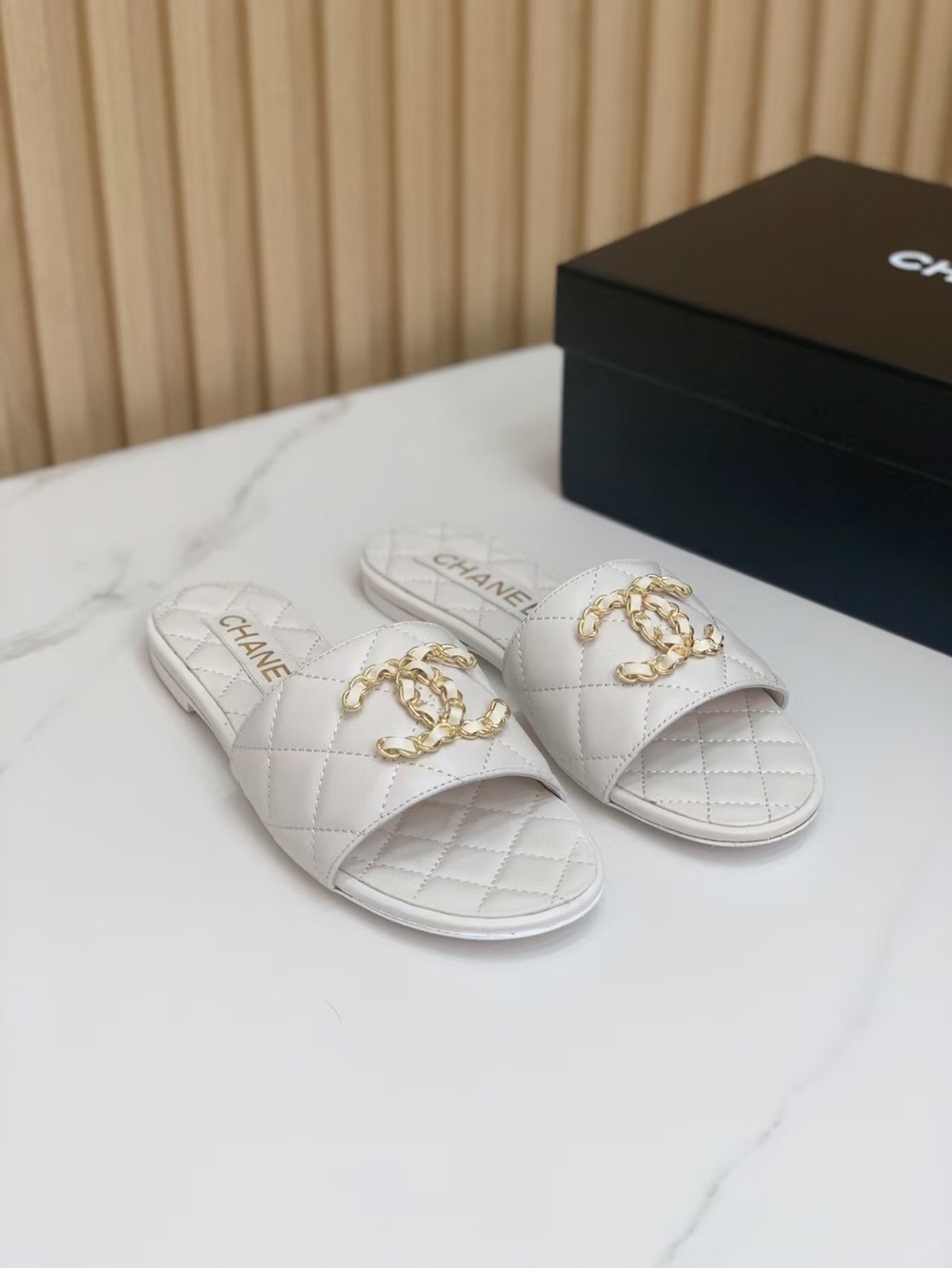 Chanel White Quilted Slide Sandals with Gold CC